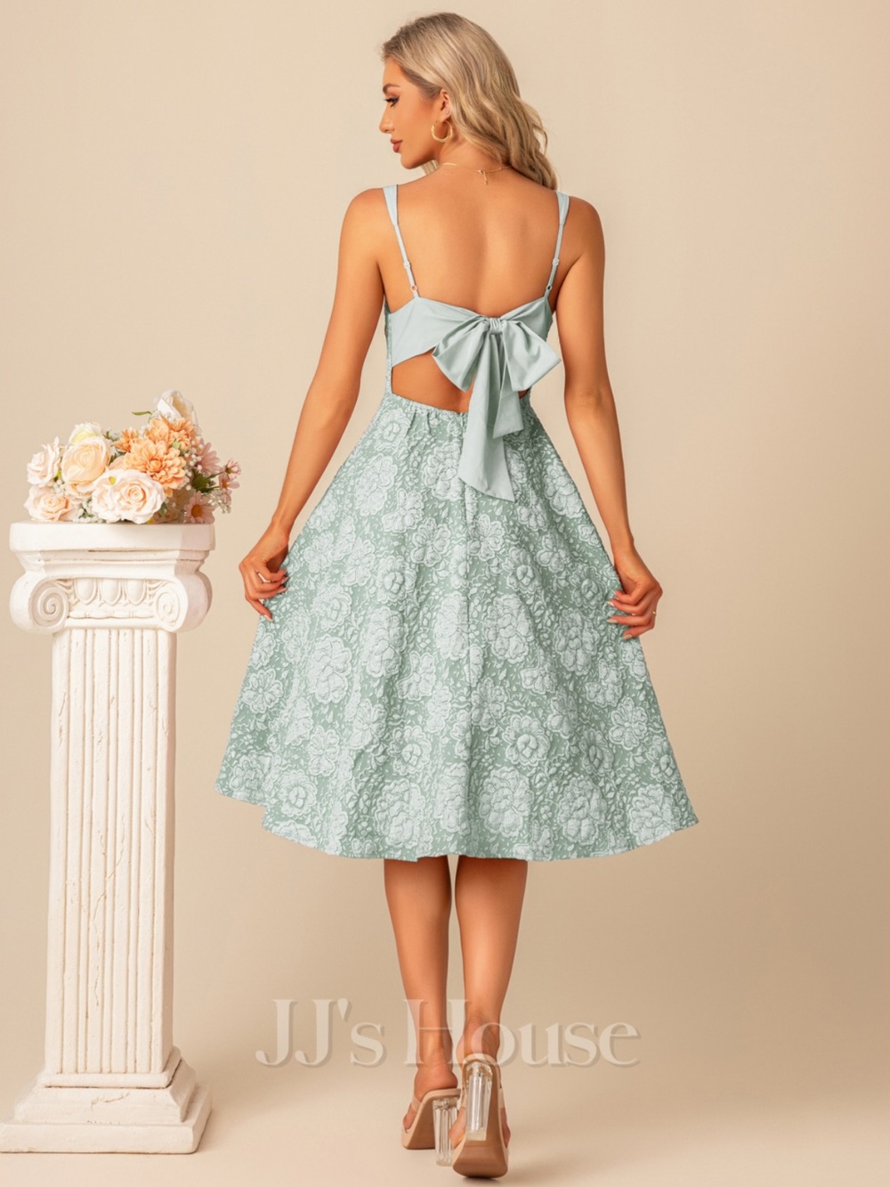 JJs House Mint Green Lace Midi Dress with Bow Back